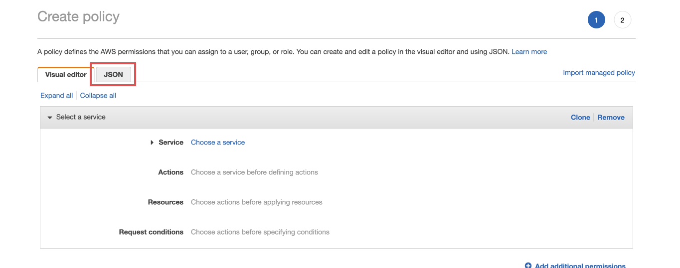 Policy page of AWS