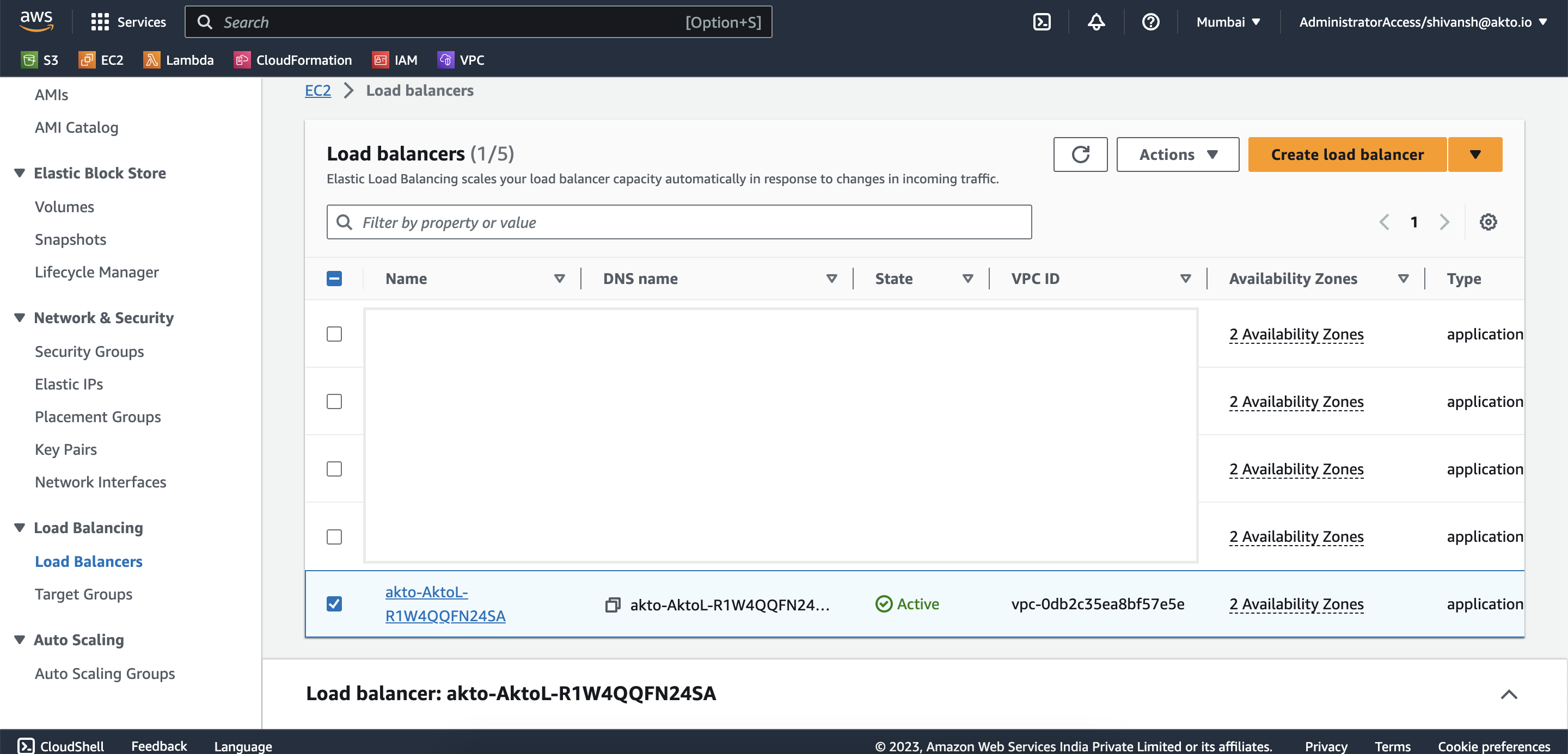 Navigate to load balancers and select akto dashboard load balancer